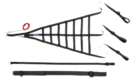 Zwart metalen ladderframe met verstelbare riemen en rode handgreep, geschikt voor veilige toegang tot hoogte. Ideaal voor professionele gebruik in bouw- en reparatiewerkzaamheden.