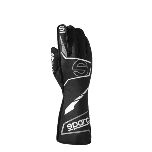 Zwart Sparco racehandschoen met witte logo’s en gestikte details, geschikt voor motorsport. Gemaakt van flexibel materiaal voor optimale grip en comfort tijdens rijden.