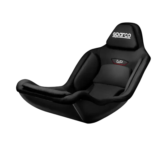 Zwart Sparco GP sportstoel met gestikt logo en rode accenten, geschikt voor raceauto’s en gaming. Premium leer met ergonomische vorm voor optimale houdbaarheid en comfort.