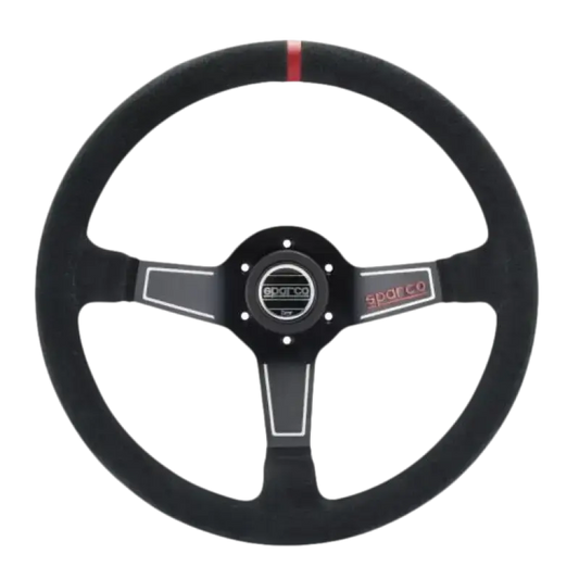 Zwart Sparco stuurwiel met stoffen bekleding en witte accentlijnen, voorzien van het merklogo en een rode streep bovenaan. Geschikt voor sportwagens en raceauto’s.