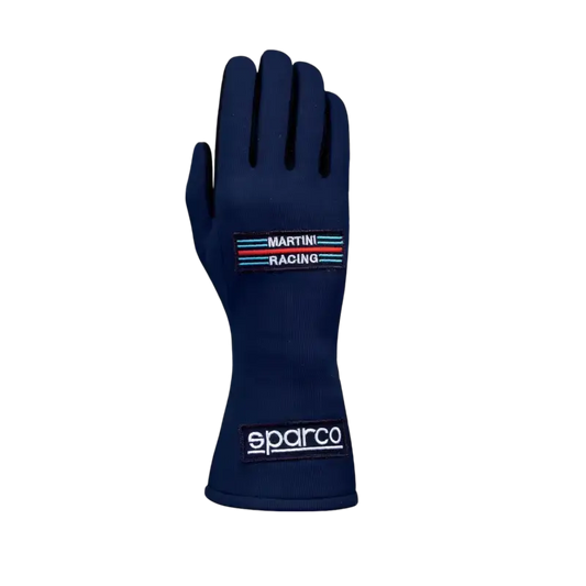 Donkerblauwe Sparco racehandschoen met Martini Racing logo, gemaakt van zacht materiaal. Geschikt voor motorsport en racen, met duidelijke merkemblemen op de pols en handpalm.