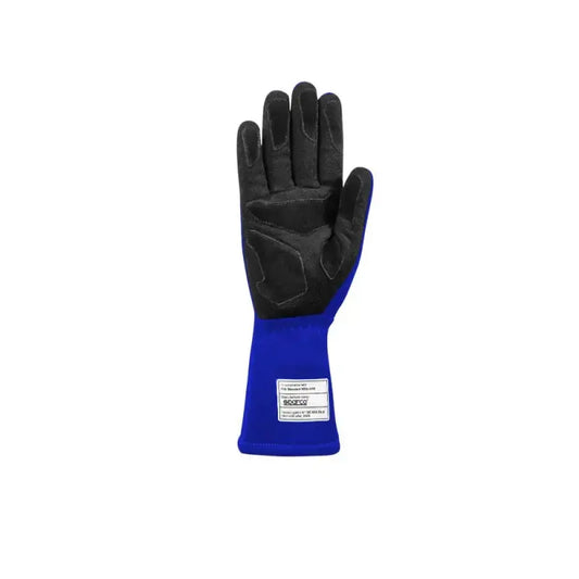 Blauwe Sparco racehandschoen met witte logo’s en gestreepte details, gemaakt van flexibel materiaal voor optimale grip. Geschikt voor motorsport en race-activiteiten.