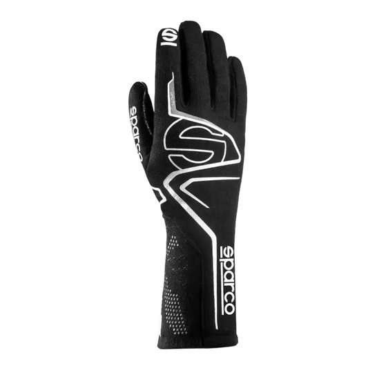 Zwart Sparco racehandschoen met witte logo’s en ventilatiepatronen, speciaal ontworpen voor motorsport. Geschikt voor raceauto’s en trackday-gebruik met optimale grip en bescherming.