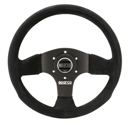 Zwart Sparco stuurwiel met fluweelbekleding en zilveren logo, geschikt voor raceauto’s en sportwagens. Het stuur heeft een klassieke driehoekige vorm met duidelijke merkidentiteit.