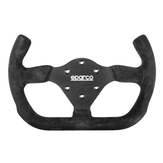 Sparco racestuur met zwart suede bekleding en metalen centrale plaat met wit logo. Geschikt voor race- en simulatorgebruik, met zichtbare montagegaten voor veilige installatie.