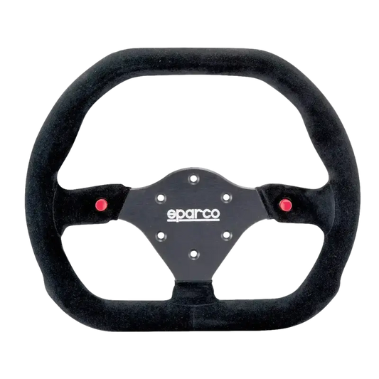 Zwart Sparco racestuur met fluweelbekleding en rode knoppen, geschikt voor raceauto’s en simulatoren. Metalen centrale plaat met merknaam voor optimale grip en stuurcontrole.