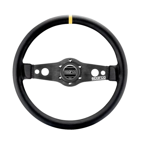 Zwart Sparco racestuur met leerbeleg en zichtbare logo’s, voorzien van een gele accentstreep bovenaan. Geschikt voor sportwagens en raceauto’s met hoge prestatievereisen.