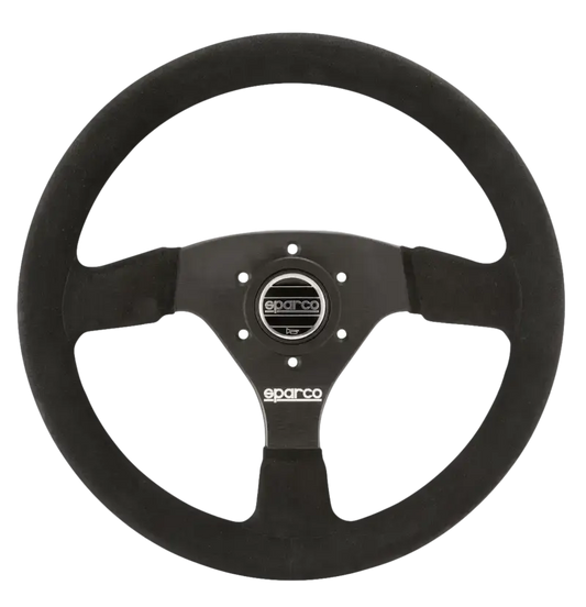 Zwart Sparco stuurwiel met textielbekleding en zilveren logo, geschikt voor raceauto’s en sportwagens. Het heeft een klassieke driehoekige vorm met duidelijke merkidentiteit.