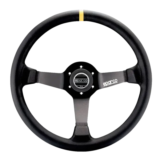 Zwart Sparco sportstuur met textielbekleding en zichtbare logo’s, uitgerust met een gele markering bovenaan. Geschikt voor race- en performanceauto’s met sportieve stijl.