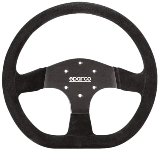 Zwart Sparco-stuurwiel met textielbekleding en metalen centrale plaat met zichtbare merknaam. Geschikt voor raceauto’s en sportwagens met sportieve stuurcontrole.