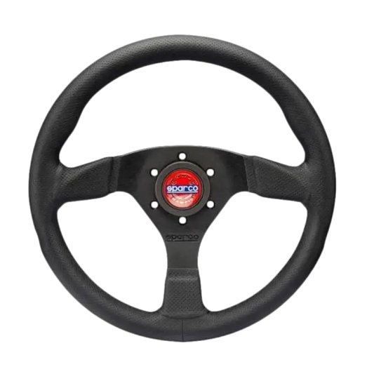 Zwart Sparco stuurwiel met textuur, rood logo en zichtbare montageschroeven. Geschikt voor raceauto’s en sportwagens met sportstuur.