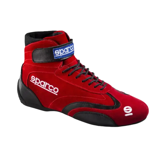 Rode Sparco racefietslaars met zwart leeraccenten en witte logo’s, geschikt voor motorsport. Geschikt voor racen en training op de baan.