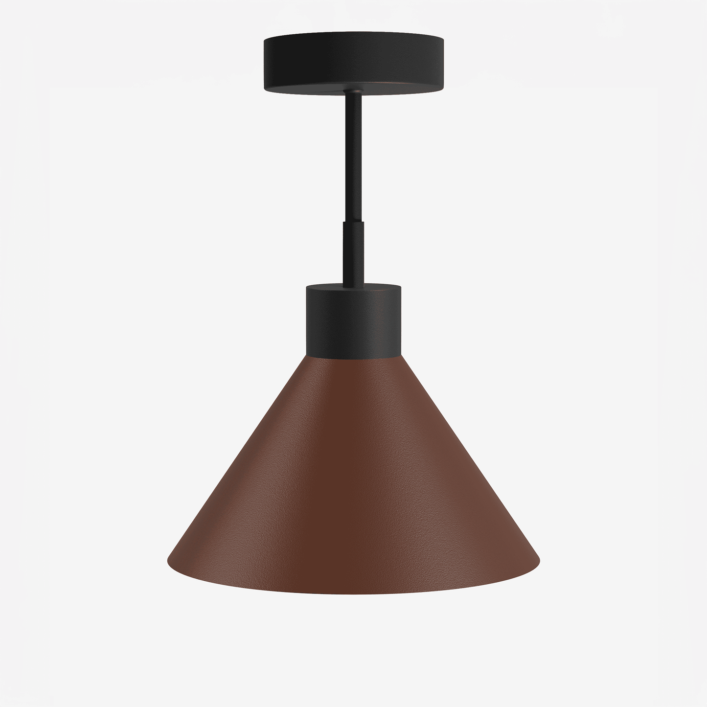 Een minimalistische plafondlamp met een beige, textuurrijke conische kap en een zwart metalen bovenstuk, ideaal voor moderne interieurs. Perfect voor woonkamer of slaapkamer verlichting.