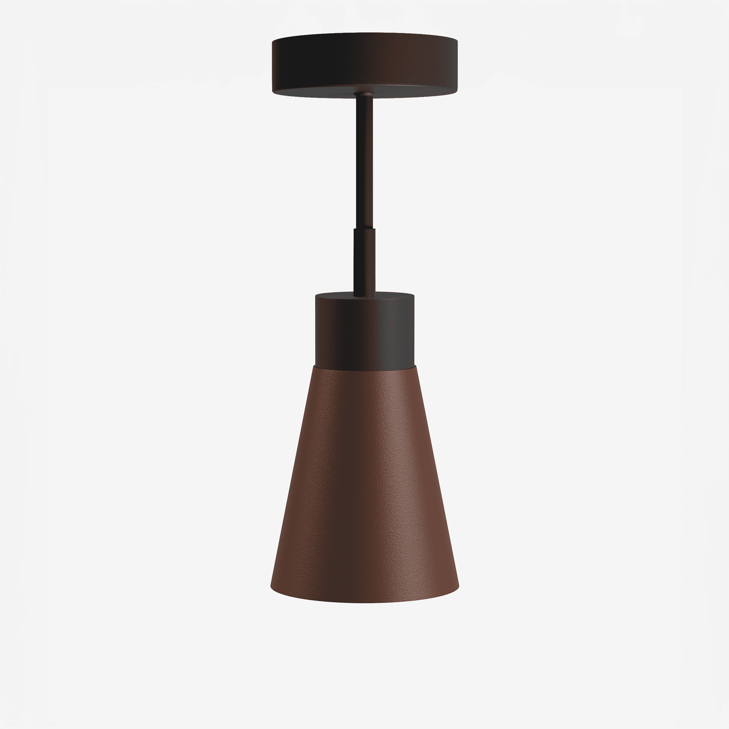 Een minimalistisch zwart houten tafeltje met een bruine leerachtige conische basis, geschikt voor moderne woonkamer of kantoordecoratie. Stijlvol design voor interieurverlichting en decoratieve tafels.