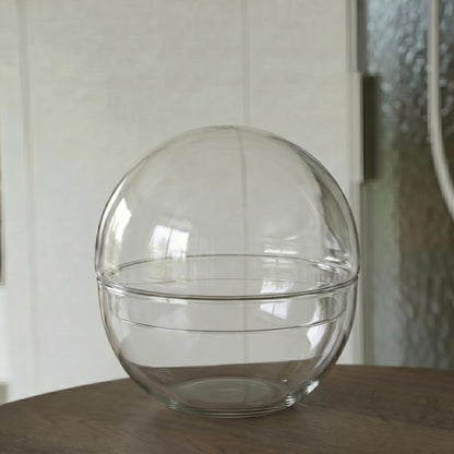 Grote glazen bol met afsluitende dop, perfect voor decoratieve planten of als terrarium. Transparante, schone glasconstructie met zichtbare randen, geschikt voor binnenruimte decoratie.