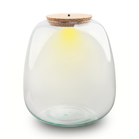 Glasvaas met korkdop, helder en glanzend, met warme gele verlichting van binnen. Ideaal voor decoratieve opslag of als nachtlamp in woonkamer of slaapkamer.