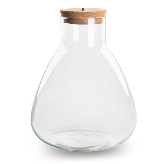Een transparante glazen karaf met een natuurlijke korken dop, waarin een warm wit licht zichtbaar is. De dop bevat een ingebouwde LED-lamp voor sfeerverlichting in de keuken of woonkamer.