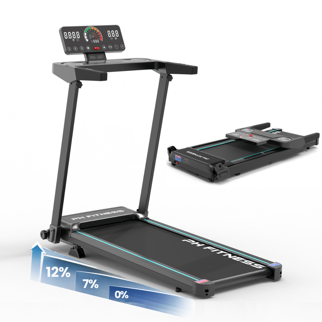 Zwart opvouwbare loopband met digitale display en blauwe accenten, geschikt voor thuisfitness. Toon van 12% energiebesparing en 7% ruimtebesparing bij opvouwen.