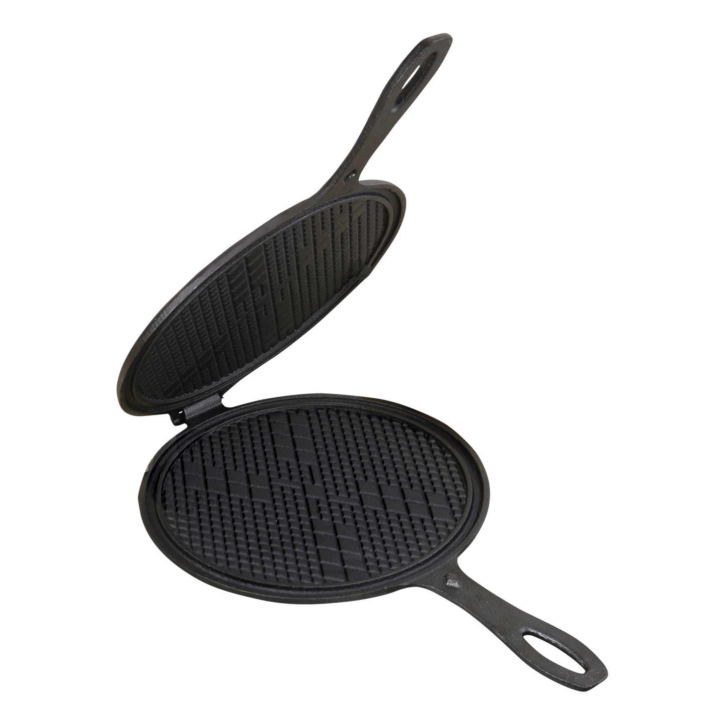 Zwarte, ronde wafelpan met houten handvatten en een gestructureerde, vierkante patroon voor perfecte wafels. Geschikt voor wafelbakken en grillen in de keuken.