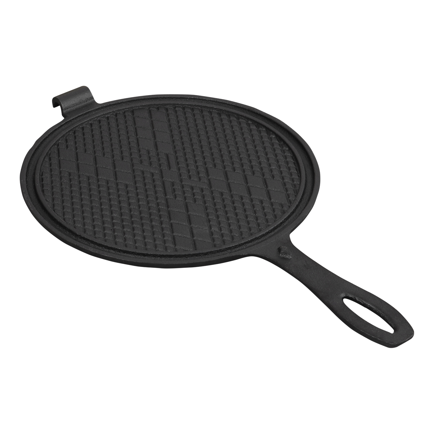 Zwarte, ronde wafelpan met opengeslagen deksel en duidelijke wafeltextuur. Gemaakt van kookstalen met handgrepen voor gemakkelijk gebruik in de keuken.