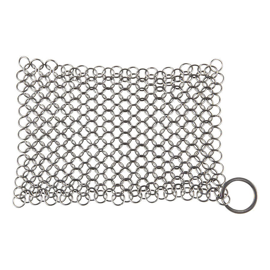 Zilverkleurige kettingveer met metalen ringen, geschikt voor zachte schoonmaak van kookpans. Ideaal voor keukengereedschap en zachte reiniging van glas en metalen oppervlakken.