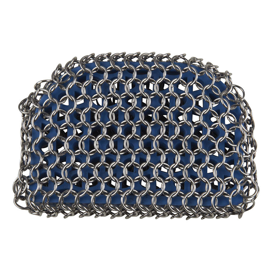 Zilverkleurige kettingmaillebescherming met blauwe binnenkant, geschikt voor keukengereedschap. Robuust metaalontwerp voor efficiënte schoonmaak van kookpotten en -pannen.