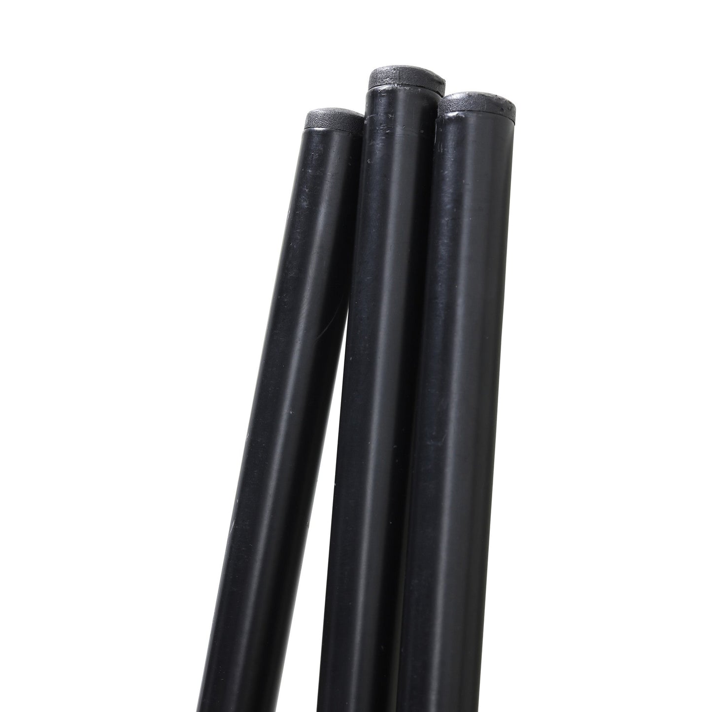 Zilverkleurige knoppen met windmolenlogo op zwarte metalen stangen, geschikt voor tuinmeubilair of decoratieve installaties. Detailopname van de verfijnde, industriële ontwerpdetails.