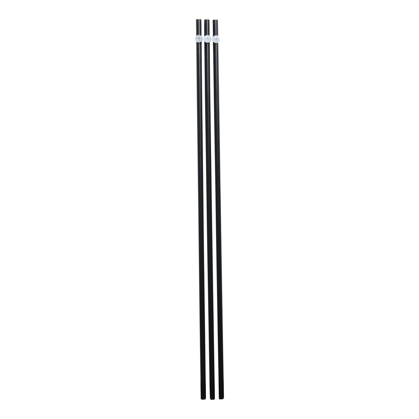Zilverkleurige knoppen met windmolenmotief op zwarte metalen stangen, geschikt voor tuinmeubilair of decoratieve installaties. Detailopname van de verfijnde, industriële ontwerpdetails.