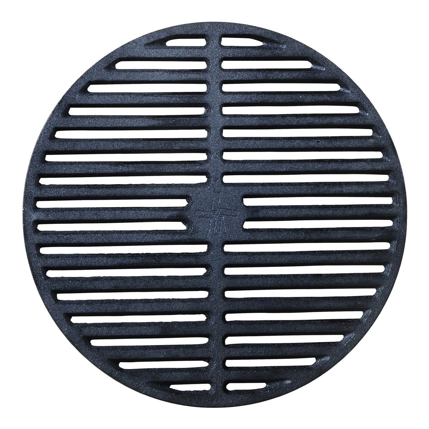 Zwart, ronde gietijzeren afvalbakdeksel met horizontale latten en centrale versterking. Geschikt voor tuin- en straatinstallaties, met robuust ontwerp voor duurzaam gebruik.