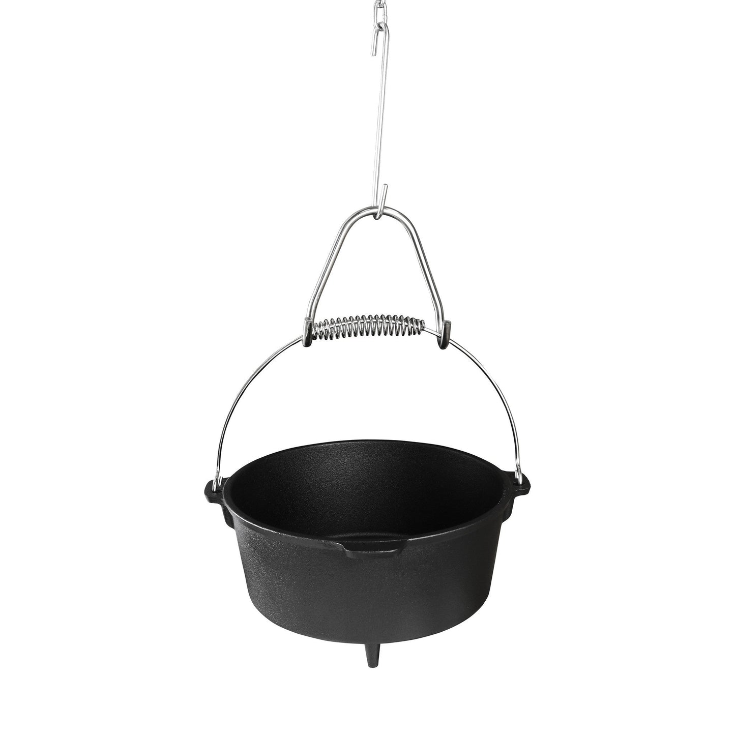 Zwarte kookpan van gietijzer met een robuust, zilverkleurig metaalhandvat en een opvallende spiraalconstructie, geschikt voor kampvuur en open haard. Perfect voor outdoor koken en grillen.