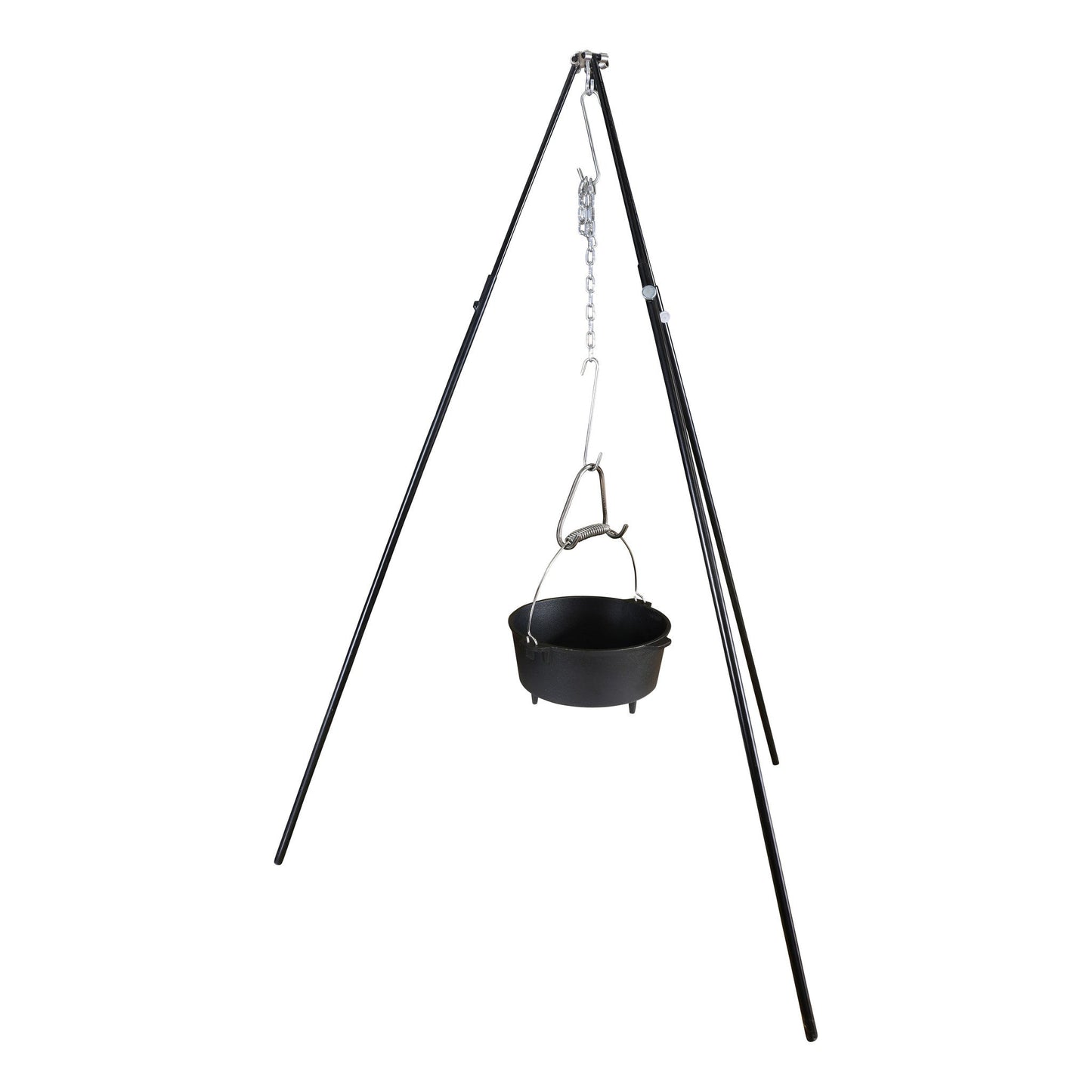Zwarte kookpan van gietijzer met een robuust, zilverkleurig metaalhandvat en een opvallende spiraalconstructie, geschikt voor kampvuur en outdoor koken.