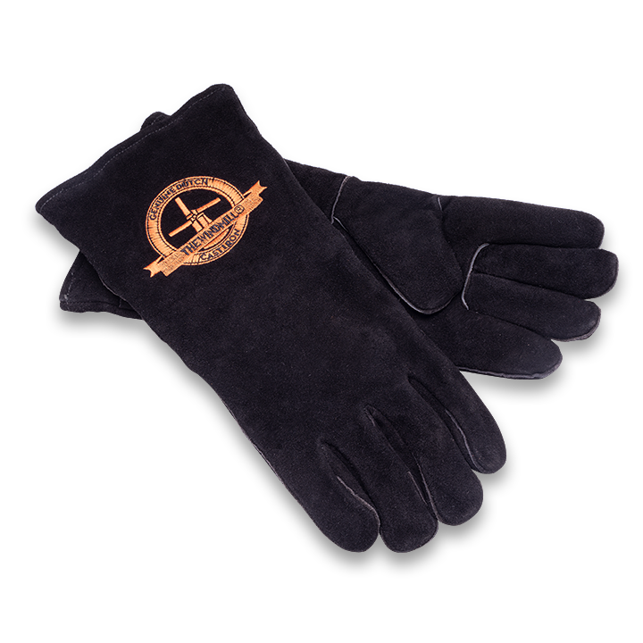Zwarte leerhandschoenen met opgestikte goudkleurige logo, geschikt voor werken en reparaties. Zichtbare naadwerk en zachte textuur voor betere grip en comfort.