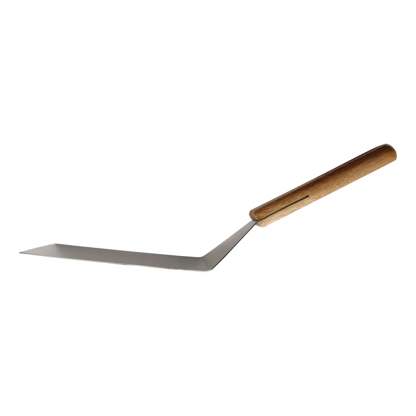 Een zilverkleurige spatel met een houten handvat, geschikt voor het mixen en verdelen van bakmengsels. Perfect voor professionele en thuisbakers die precisie en comfort nastreven.