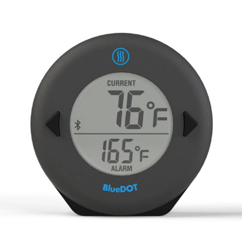 Zwart ronde BlueDOT thermometer met digitale display, toont huidige temperatuur 76°F en alarm 165°F. Bluetooth-icoon en bedieningsknoppen zichtbaar voor gebruik in keuken of op kookplaat.