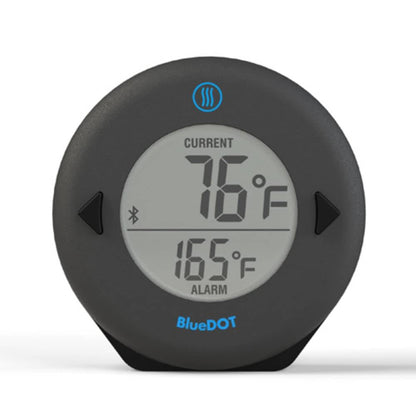 Zwart ronde BlueDOT thermometer met digitale display, toont huidige temperatuur 76°F en alarm 165°F. Bluetooth-icoon en bedieningsknoppen zichtbaar voor gebruik in keuken of op kookplaat.
