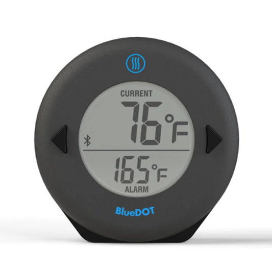Zwart ronde BlueDOT thermometer met digitale display, toont huidige temperatuur 76°F en alarm 165°F. Bluetooth-icoon en bedieningsknoppen zichtbaar voor gebruik in keuken of op kookplaat.