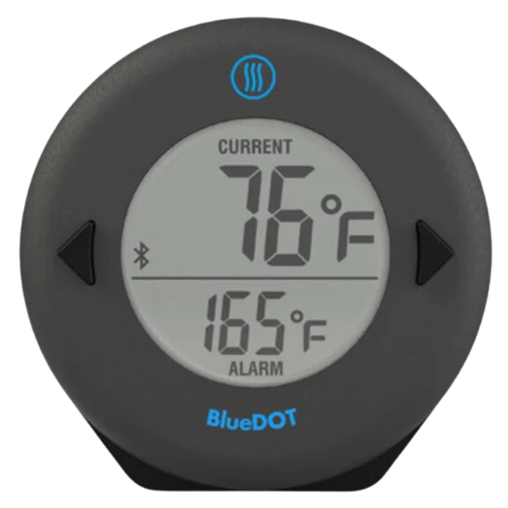 Zwart ronde BlueDOT thermometer met digitale display, toont huidige temperatuur 76°F en alarm 165°F. Bluetooth-symbool en blauwe logo zichtbaar, geschikt voor kook- en keukenapparatuur.