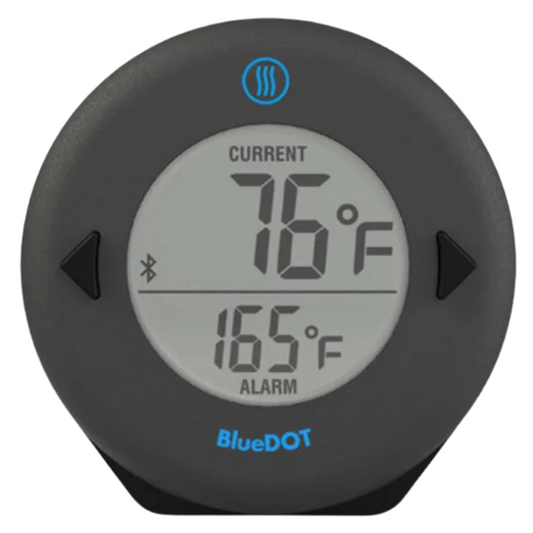 Zwart ronde BlueDOT thermometer met digitale display, toont huidige temperatuur 76°F en alarm 165°F. Bluetooth-symbool en blauwe logo zichtbaar, geschikt voor kook- en keukenapparatuur.
