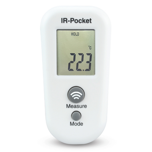 Een witte IR-Pocket infrarood thermometer met digitale display, die 22,3°C toont. Het apparaat heeft een Wi-Fi-knop en een modusknop voor nauwkeurige temperatuurmetingen in huishoudelijk gebruik.