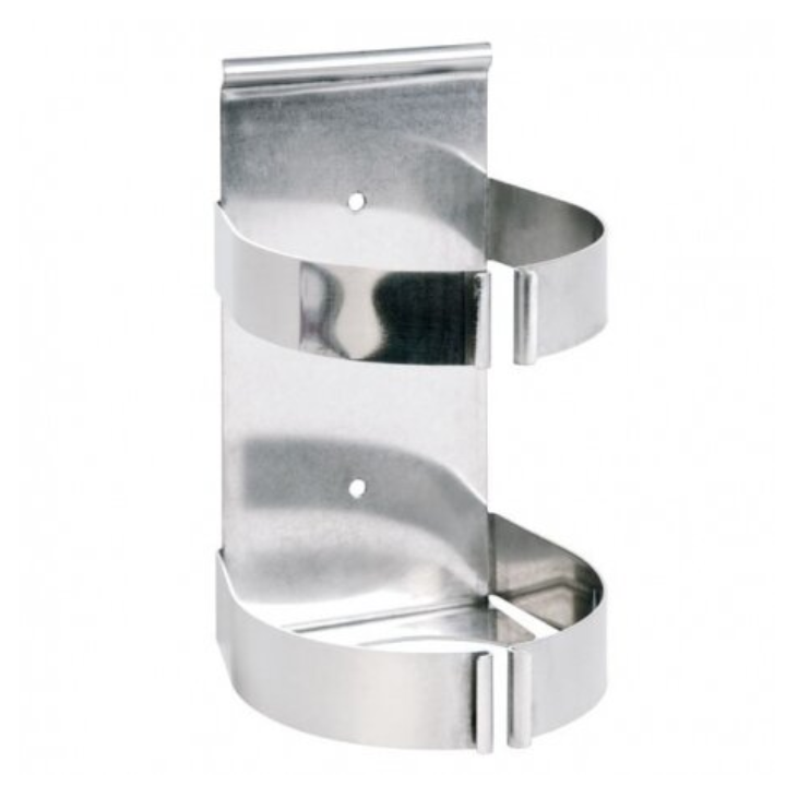 Zilverkleurige metalen hoekhouder voor keuken, met twee gebogen vakken en montageschroefgaten. Geschikt voor opbergen van keukengerei of kookgerei in hoeken.