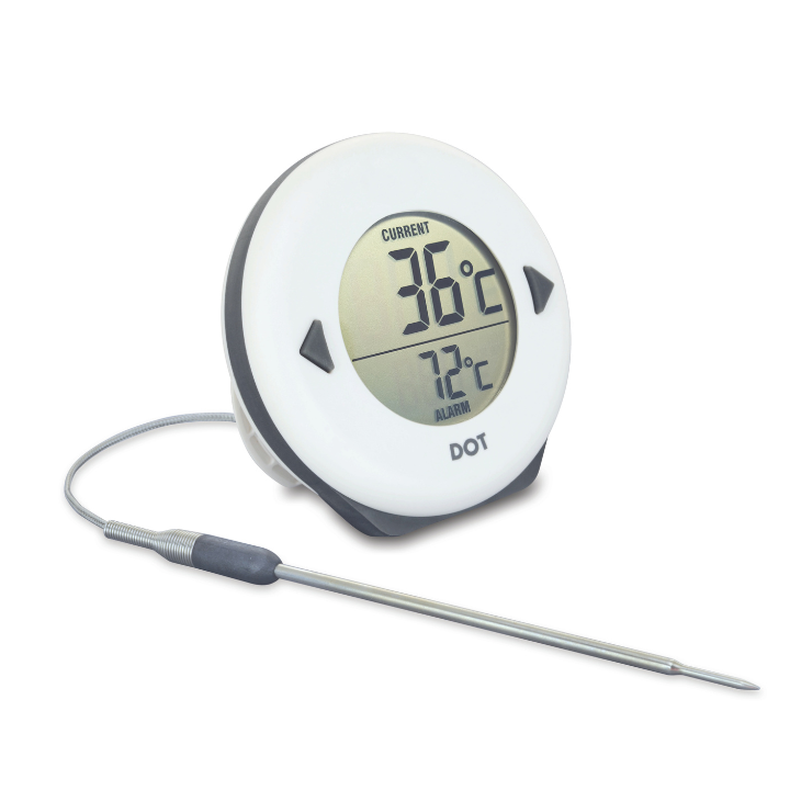 Een witte, ronde digitale thermometer met zwarte knoppen en een helder scherm dat de huidige temperatuur van 34°C en de alarmwaarde van 75°C toont. Ideaal voor keuken- en kamercontrole.