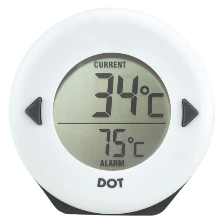 Een witte, ronde digitale thermometer met zwarte knoppen en een helder scherm dat 34°C huidtemperatuur en 75°C alarm toont. Geschikt voor medische of persoonlijke temperatuurcontrole.