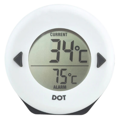 Een witte, ronde digitale thermometer met zwarte knoppen, weergeeft huidige temperatuur 34°C en alarmwaarde 75°C. Geschikt voor keuken- en badkamergebruik, met duidelijke display en merk DOT.