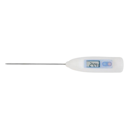 Een witte, compacte infrarood thermometer met een helder scherm en een knop. Geschikt voor snel en hygiënisch lichaamstemperatuurmeten thuis of in de kliniek.