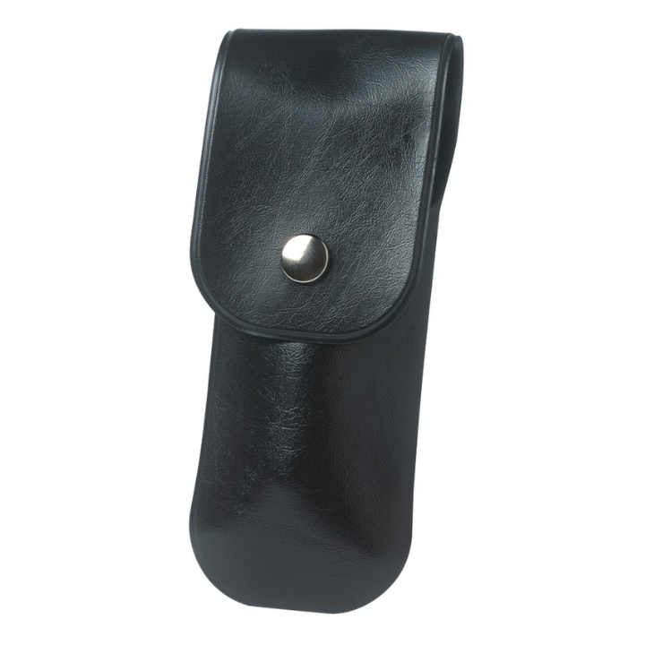 Zwart leerachtig portemonnee-achtig hoesje met metalen knop, geschikt voor slimme telefoons of kleine elektronica. Perfect voor dagelijks gebruik en reizen.