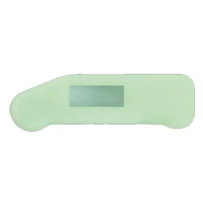Lichtgroene digitale thermometer met glad, ergonomisch ontwerp en helder scherm, geschikt voor thuisgebruik. Compacte, hygiënische temperatuurmeting voor kinderen en volwassenen.