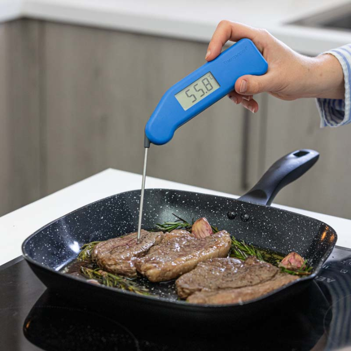 Blauwe digitale vlees thermometer met zichtbare schermweergave van 21,1°C, zilverkleurige metalen sensor en het merk Thermooen. Geschikt voor precieze temperatuurmeting bij kook- en baktoepassingen.