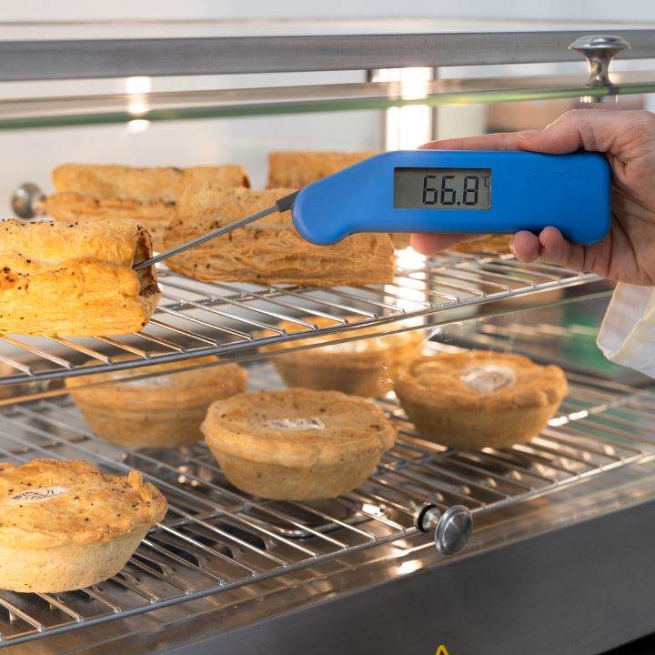 Blauwe digitale vlees thermometer met zichtbare schermweergave van 21,1°C, zilverkleurige metalen sensor en het merk Thermooen. Ideaal voor precieze temperatuurmeting bij kook- en baktoepassingen.