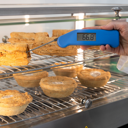 Blauwe digitale vlees thermometer met zichtbare schermweergave van 21,1°C, zilverkleurige metalen sensor en het merk Thermooen. Ideaal voor precieze temperatuurmeting bij kook- en baktoepassingen.