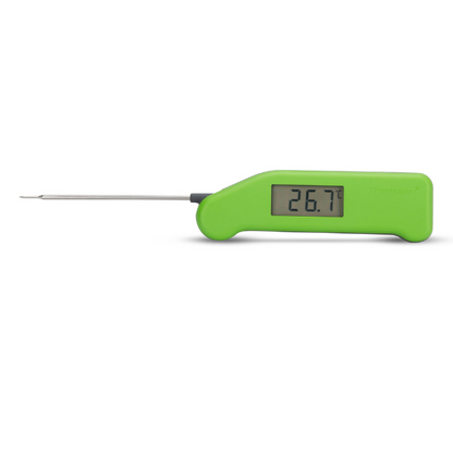 Groene digitale vlees thermometer met zichtbare temperatuur van 44,2°C, glanzend metalen sensor en scherpe display. Ideaal voor precieze bereiding van vlees en brood in de keuken.
